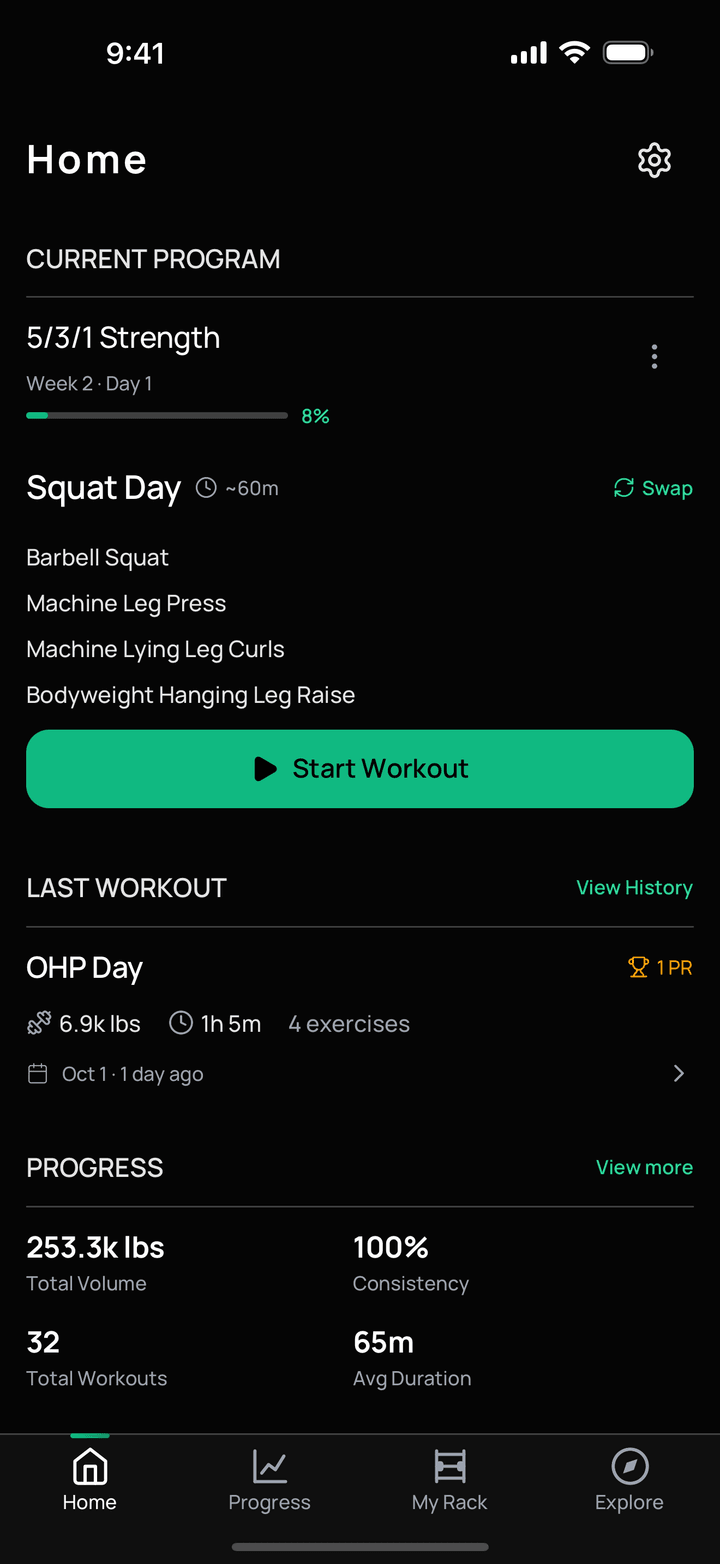 Grain Gym home screen with today's 5/3/1 Squat Day session, its four exercises, a Start Workout button and recent training stats