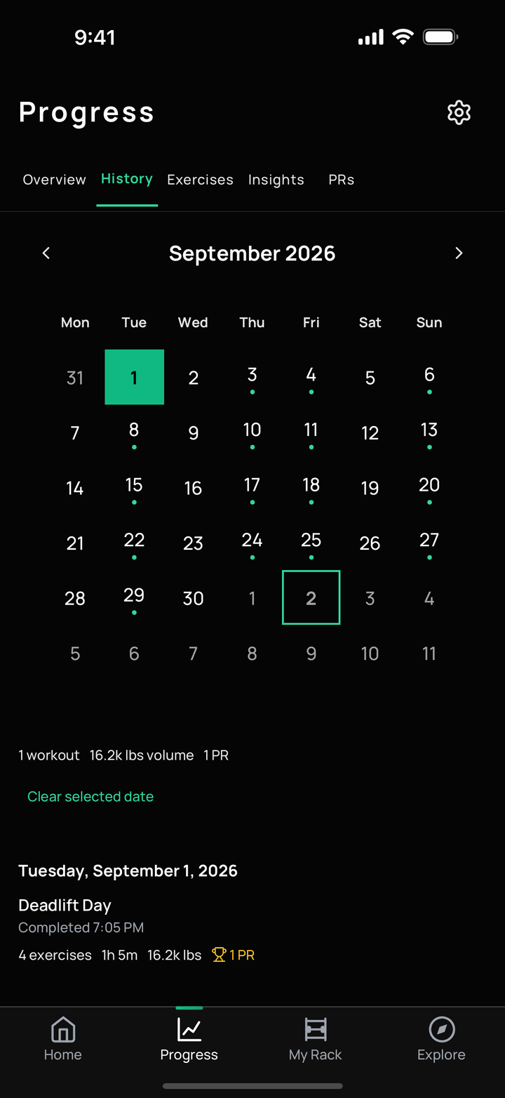History calendar for a month with the workout days marked and one day selected