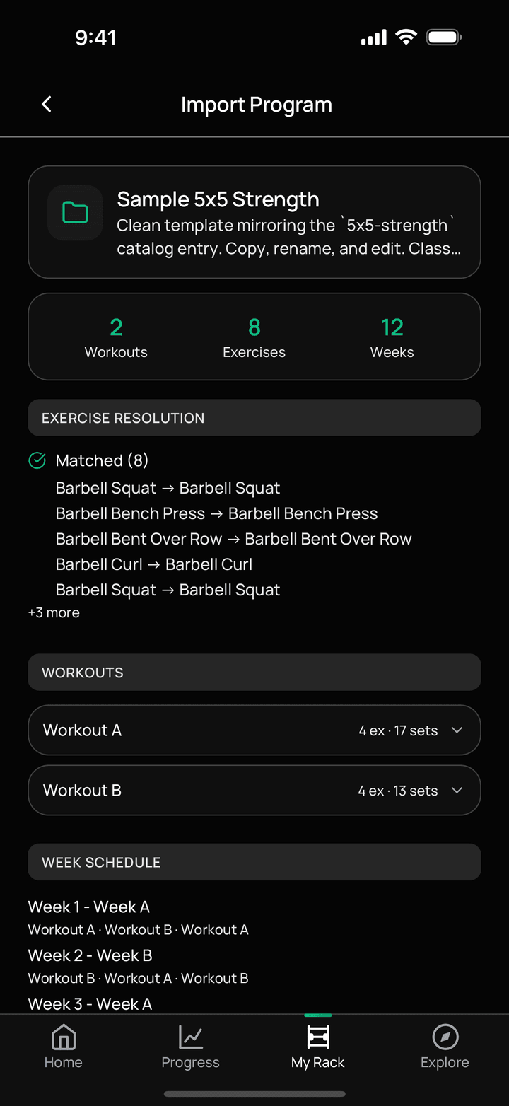 Import Program preview of a JSON file with its workouts, exercises and weeks, and each exercise matched to the library